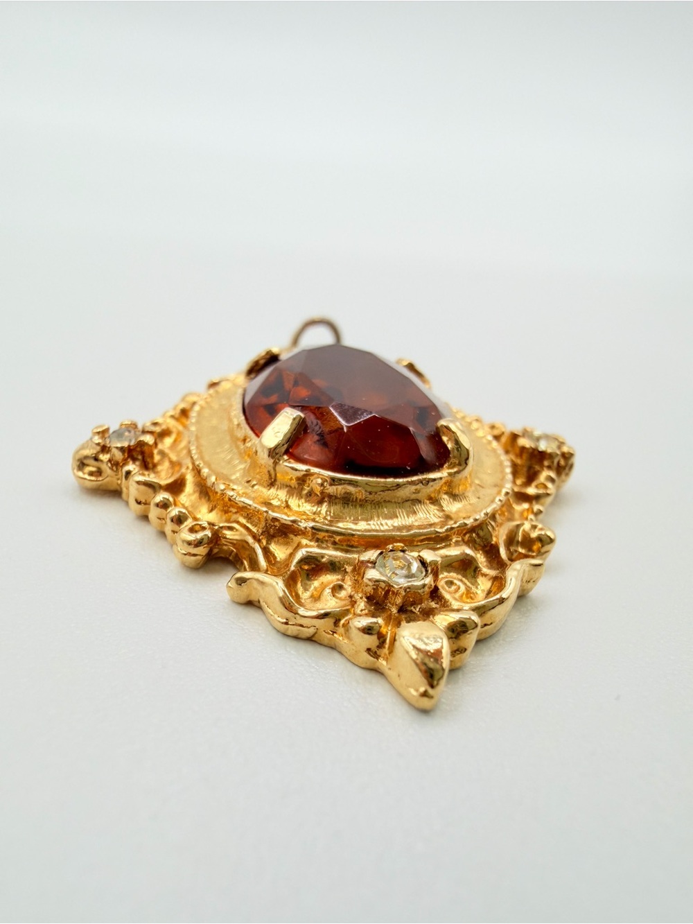 Vintage Victorian Revival Amber Glass Rhinestone Gold Tone Pendant - Picture 5 of 9